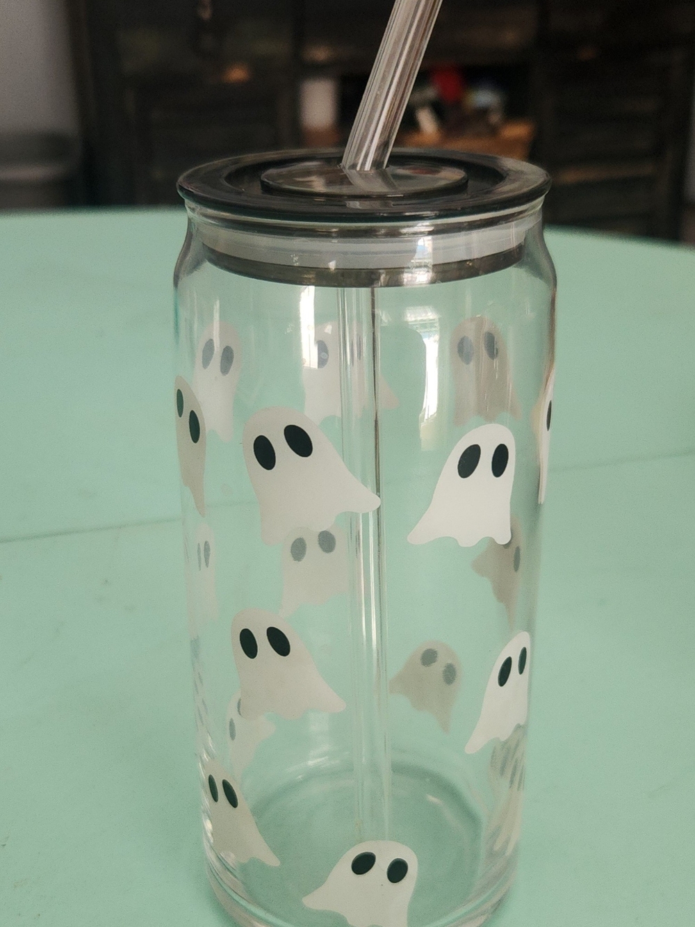 Clear Ghost Print Double-Wall Glass Tumbler with Straw - White Ghosts